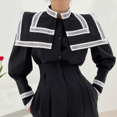 Blusa Suelta con Solapa Grande y Detalles de Contraste - Image 3