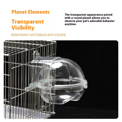 Transparent spherical bird bathtub with a perch, designed to attach to a bird cage, showing dimensions. - Image 9