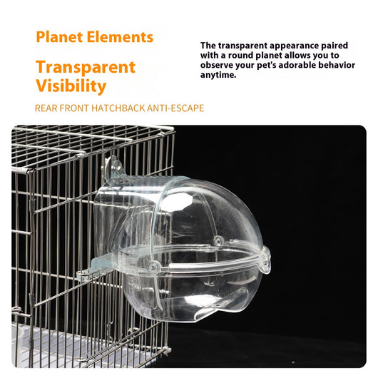 Transparent spherical bird bathtub with a perch, designed to attach to a bird cage, showing dimensions. - Image 9