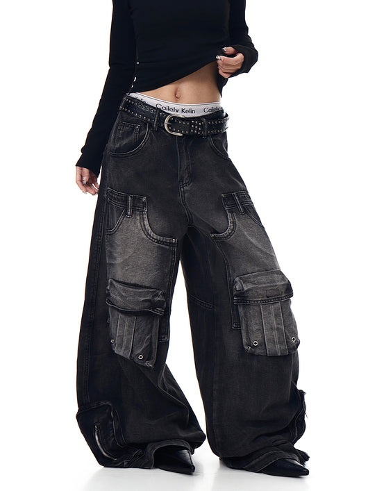 Pantalones Cargo Vintage Desgastados Multi-bolsillos Pierna Ancha Suelta - Image 16