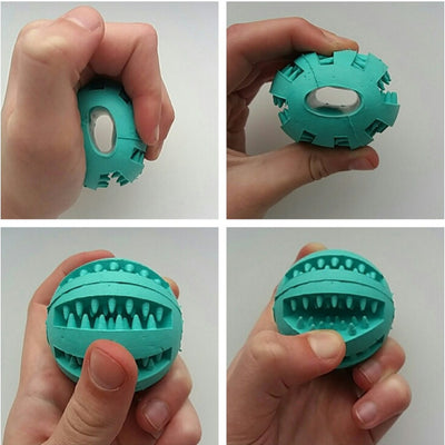 Teal rubber slow feeder dog toy ball with internal spikes for teeth cleaning and treat dispensing, 7cm size. - Image 3