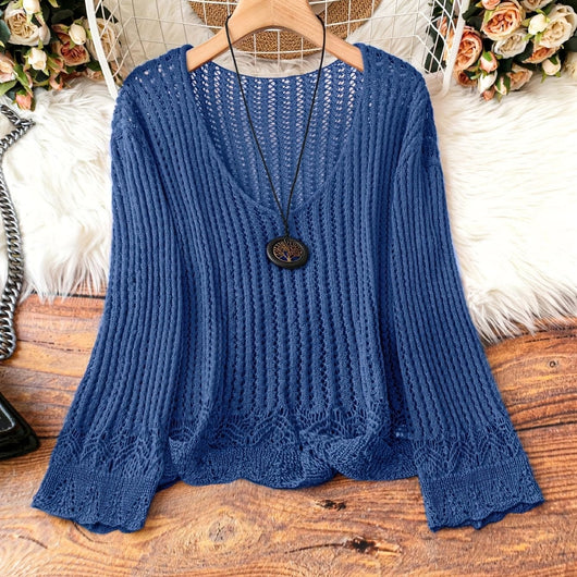 Suéter Calado Talla Grande para Mujer - Manga Larga Tejida Cuello V - Image 4