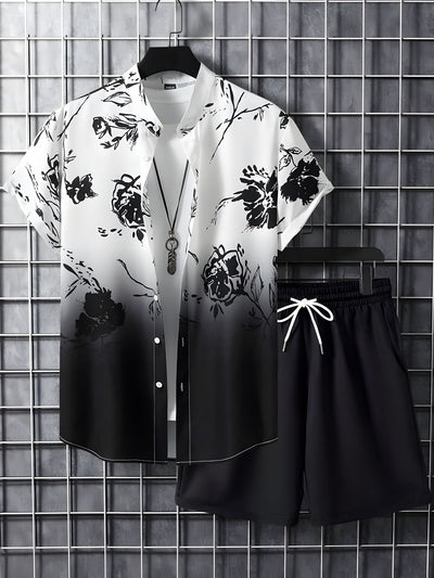 Conjunto de Camisa Hawaiana Hombre a Rayas Blanco y Negro - Image 6