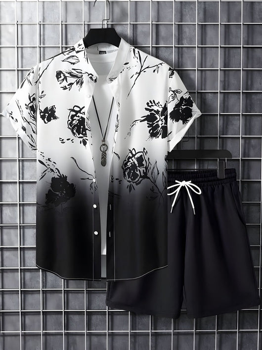 Conjunto de Camisa Hawaiana Hombre a Rayas Blanco y Negro - Image 6