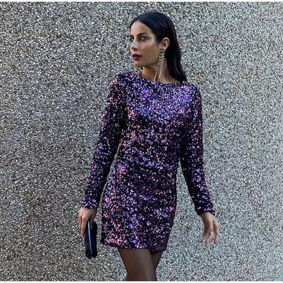 Vestido Retro Francés Escotado con Lentejuelas y Manga Larga - Image 11