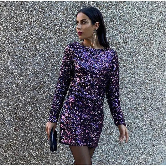 Vestido Retro Francés Escotado con Lentejuelas y Manga Larga - Image 11