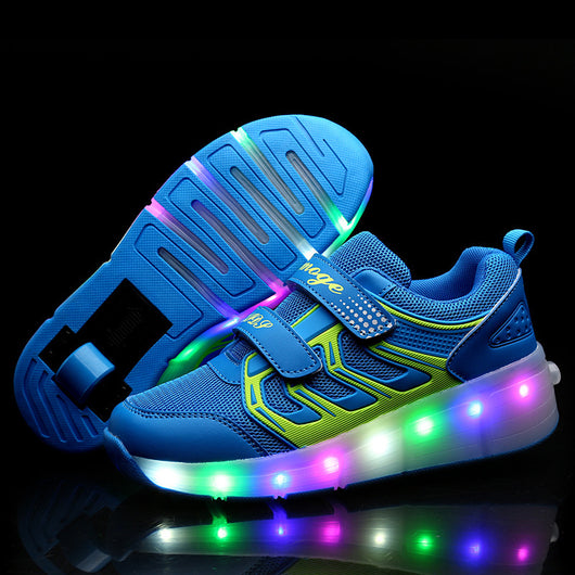 Blue and lime green girls' roller skates with light-up soles and retractable heel wheels. - Image 5