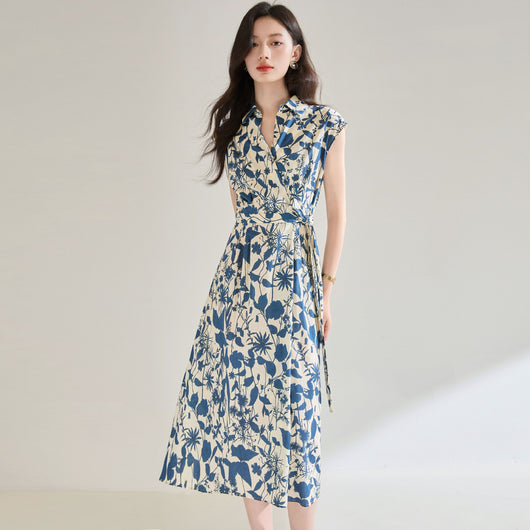 Vestido Camisero Ajustado Estampado Azul y Blanco - Image 5