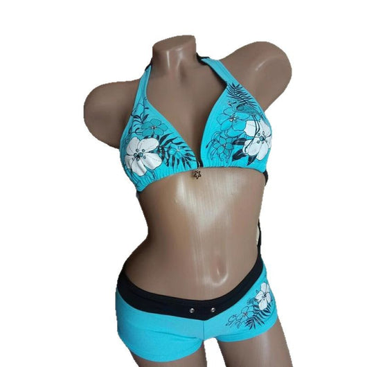 Black halter bikini suit with boy short bottoms, featuring pink and blue floral and flamingo patterns. - Image 5