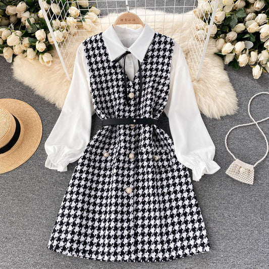 Vestido Houndstooth con Tirantes y Mangas Puff - Image 2