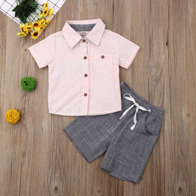 Conjunto Infantil de Camisa y Pantalones Cortos a Rayas con Cuello Solapa - Image 6