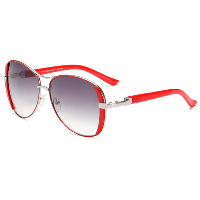 Women's large frame fashionable sunglasses with gradient gray lenses, silver-tone metal frames, and white arms. - Image 4
