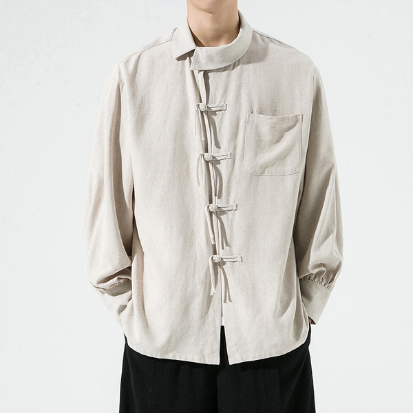 Camisa de Algodón y Lino Estilo Chino con Botones de Nudo Chino