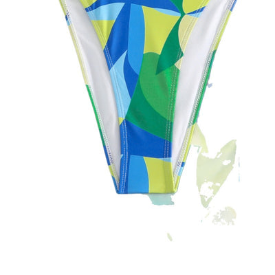 Sexy lace-up backless beach swimwear skirt set with a vibrant blue, green, and yellow geometric print. - Image 5