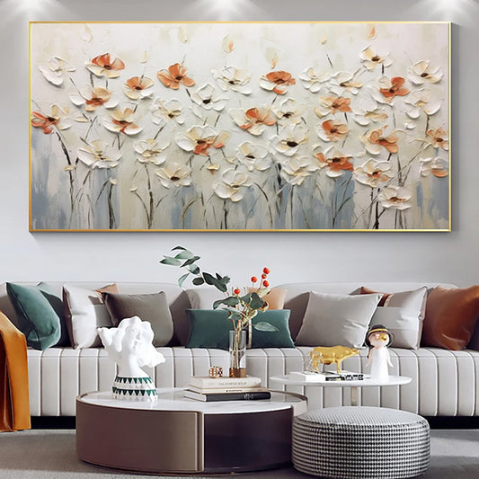 Cuadro Abstracto Flores Blancas - Pintura al Óleo Sobre Lienzo Hecho a Mano