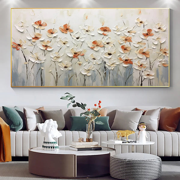 Cuadro Abstracto Flores Blancas - Pintura al Óleo Sobre Lienzo Hecho a Mano