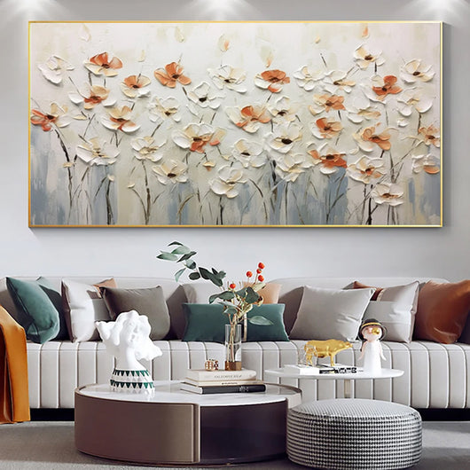 Cuadro Abstracto Flores Blancas - Pintura al Óleo Sobre Lienzo Hecho a Mano