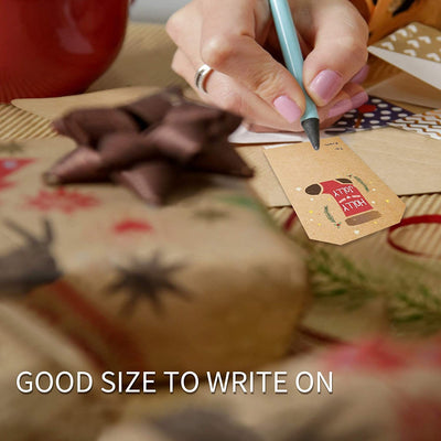 Kraft paper Christmas holiday gift sticker roll with various designs including reindeer, Christmas trees, and Merry Christmas text. - Image 7