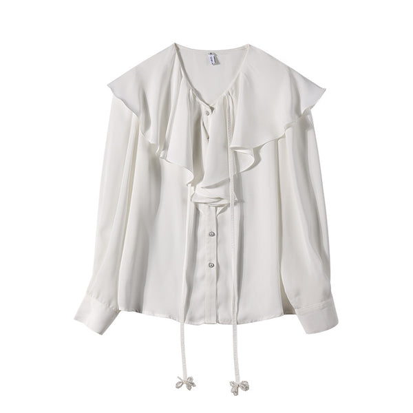 Blusa Blanca para Mujer con Corbata de Perlas y Cuello Hoja de Loto - Image 4