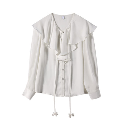 Blusa Blanca para Mujer con Corbata de Perlas y Cuello Hoja de Loto - Image 4