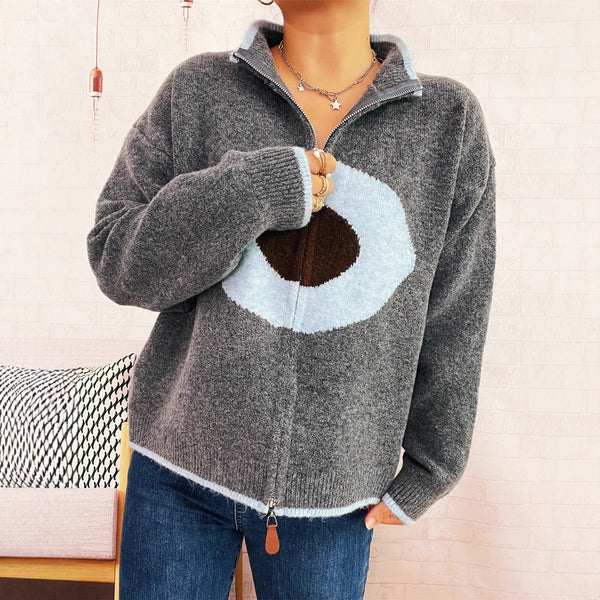 Abrigo Tejido Jacquard con Anillo Casual - Cuello Redondo y Cierre