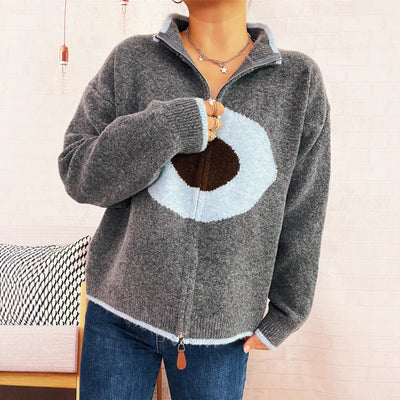 Abrigo Tejido Jacquard con Anillo Casual - Cuello Redondo y Cierre