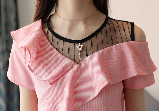 Blusa Chifón Manga Corta con Malla y Volantes - Image 7
