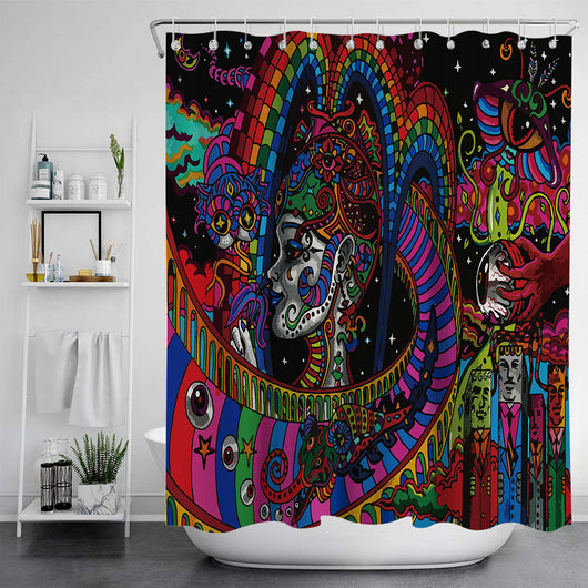 Vibrant psychedelic shower curtain with an abstract digital print featuring an elephant head and cannabis leaves in bright colors. - Image 17