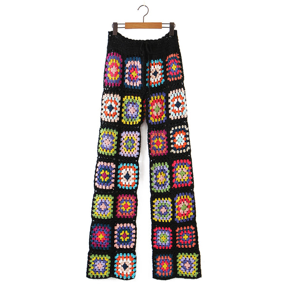 Pantalones Tejidos a Mano con Flores en Cintura Alta
