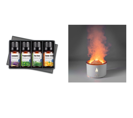 White ultrasonic essential oil diffuser with orange flame effect mist, alongside a gift set of Lavender, Peppermint, Tea Tree, and Sweet Orange essential oils. - Image 8