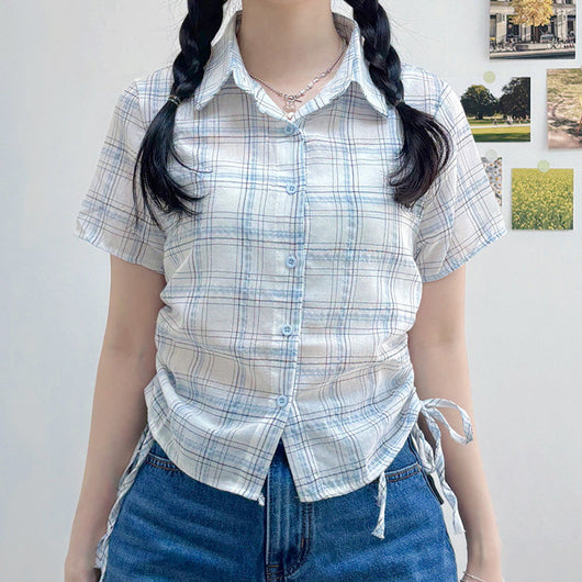 Camisa Cuadrille Retro con Pliegues Elegantes y Manga Corta - Image 2