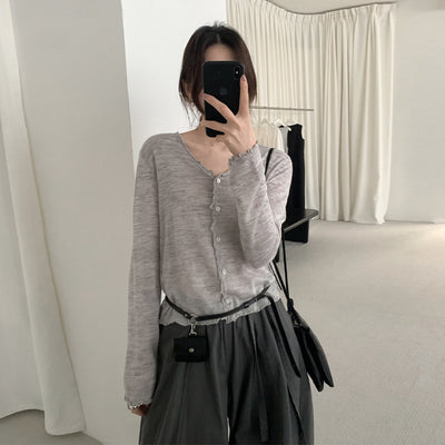 Cardigan Tejido con Encaje Efecto Hongo Arbóreo y Botones