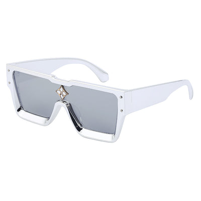 Black large frame square sunglasses with dark lenses and a gold star-shaped embellishment on the bridge. - Image 5