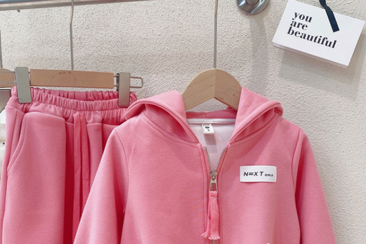 Pink hooded zip-up jacket and matching pants set for girls, featuring a small 'N=XT GIRLS' label. - Image 8