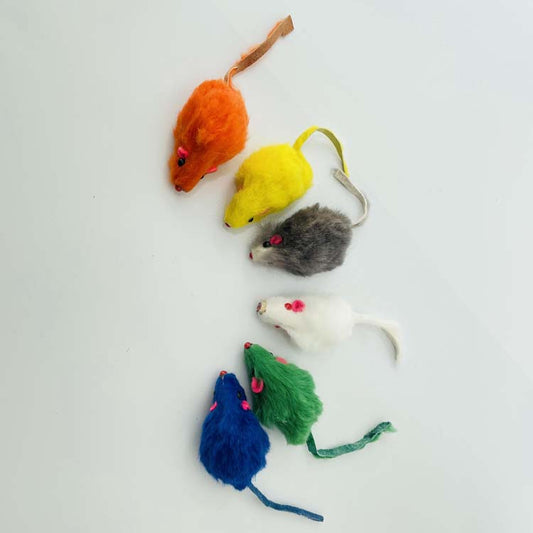 Six colorful plush mouse cat toys in orange, yellow, gray, white, green, and blue, with pink ears and noses. - Image 2