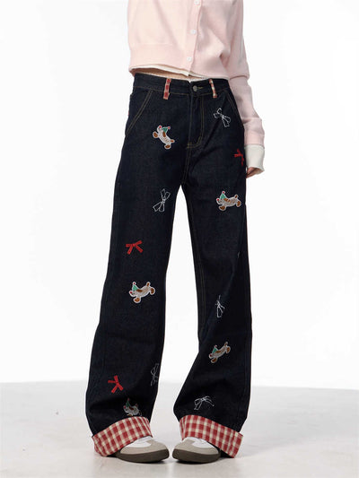 Jeans de Pierna Ancha Cintura Alta con Bordado de Moño Vintage - Image 7