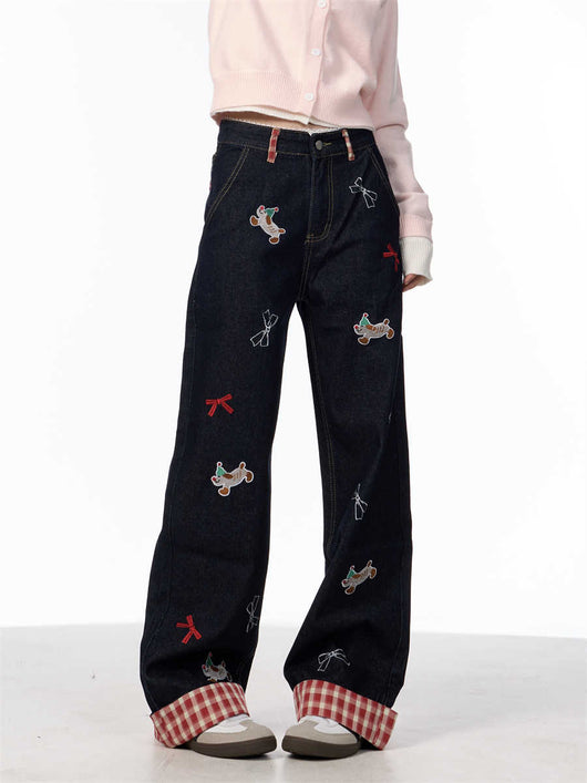 Jeans de Pierna Ancha Cintura Alta con Bordado de Moño Vintage - Image 7