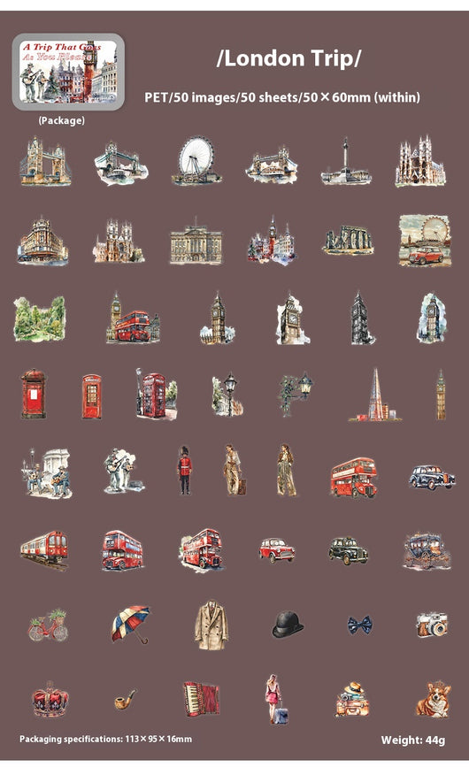 Set of 50 PET stickers featuring watercolor illustrations of a Greece tour, including buildings, landscapes, and food. - Image 21