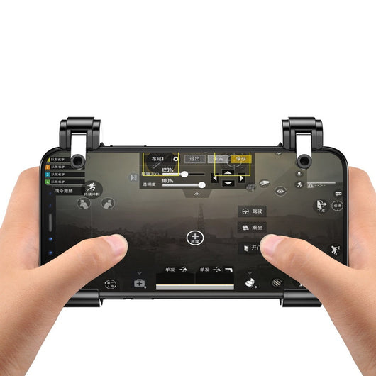 Black mobile game controller with four-finger linkage, featuring a textured grip and trigger buttons for smartphone gaming. - Image 7