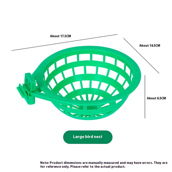 Green plastic bird nest with a grid design and an attached clip, measuring approximately 17.5cm wide. - Image 6