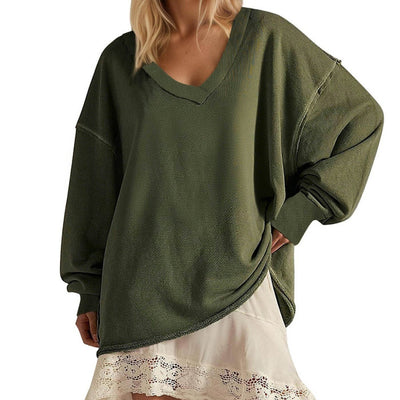 Blusa Suelta de Cuello V y Manga Larga en Colores Lisos para Mujer - Image 3
