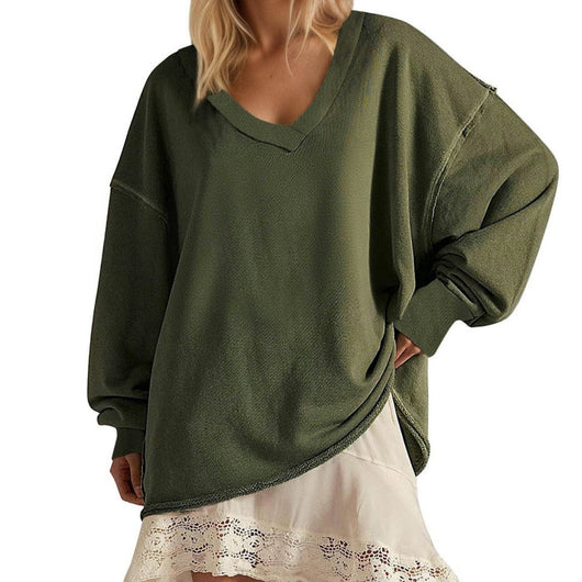 Blusa Suelta de Cuello V y Manga Larga en Colores Lisos para Mujer - Image 3