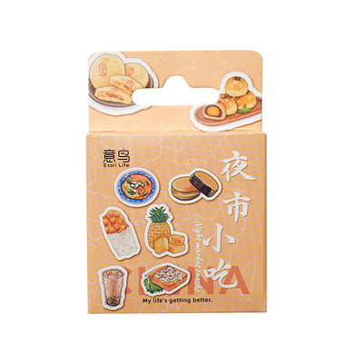 Box-packed set of 46 retro-style night market snack stickers, featuring illustrations of various foods and drinks. - Image 5