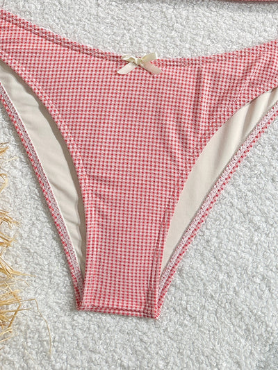 Gingham two-piece swimsuit with a camisole top featuring ruffled trim and a bow, paired with high-cut bikini bottoms. - Image 15
