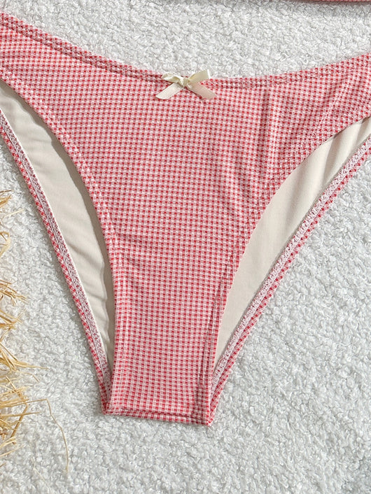 Gingham two-piece swimsuit with a camisole top featuring ruffled trim and a bow, paired with high-cut bikini bottoms. - Image 15