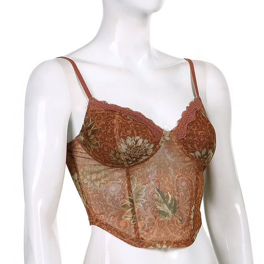 Slip Bohemio de Malla Estampada con Tirantes Finos - Marrón - Image 6