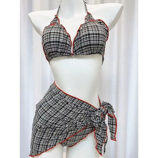 Woman in a retro plaid bikini three-piece set with a halter top, bikini bottom, and matching sarong skirt. - Image 11