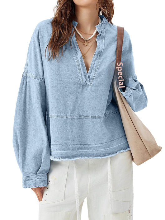 Blusa Denim Holgada de Cuello V y Manga Larga Versátil - Image 17