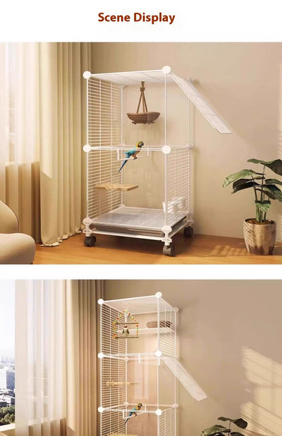 White single-layer bird cage with transparent sides, wire door, perches, bells, and a tunnel, on wheels. - Image 10