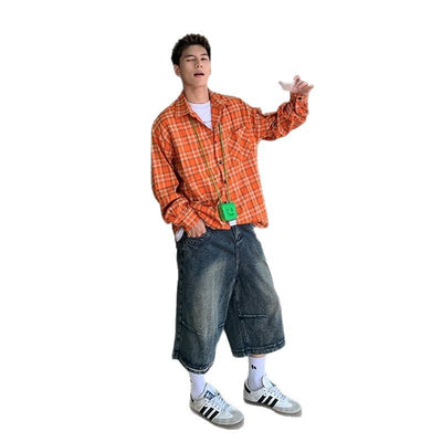 Camisa Cuadros Naranja Suelta Manga Larga Casual Hombre Estilo Retro - Image 5